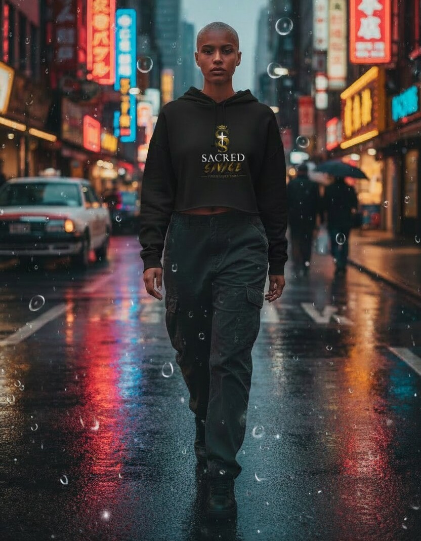 Sacred Savage — model in cropped hoodie on a rainy neon street